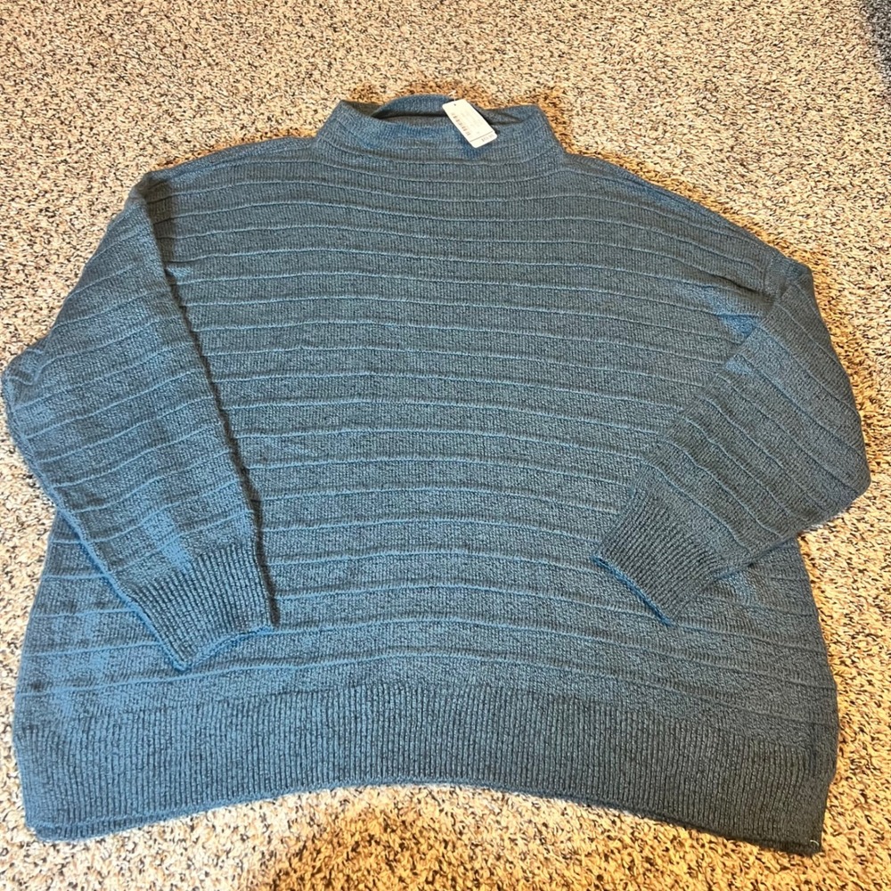 CJ Banks‎ Teal Striped Mock Neck Sweater Plus Size 3X Oversized Cozy